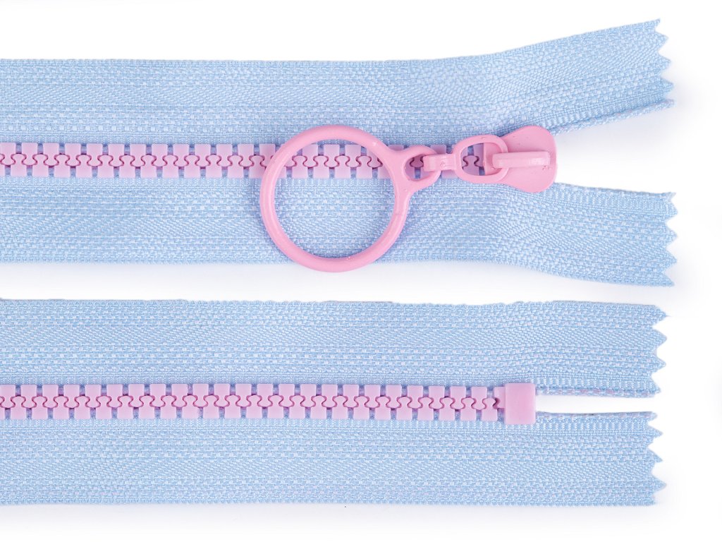 Kostěný zip barevný No 5 délka 15 cm s ozdobným jezdcem - světle modrá/růžová