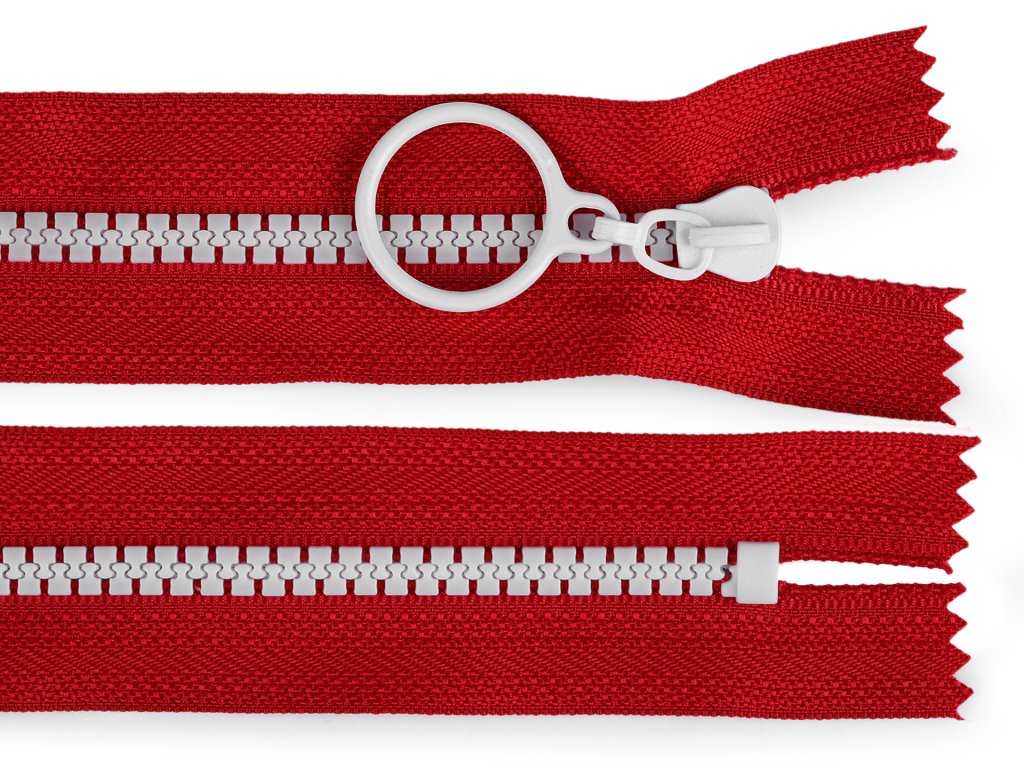 Kostěný zip barevný No 5 délka 15 cm s ozdobným jezdcem - tmavě červená/bílá