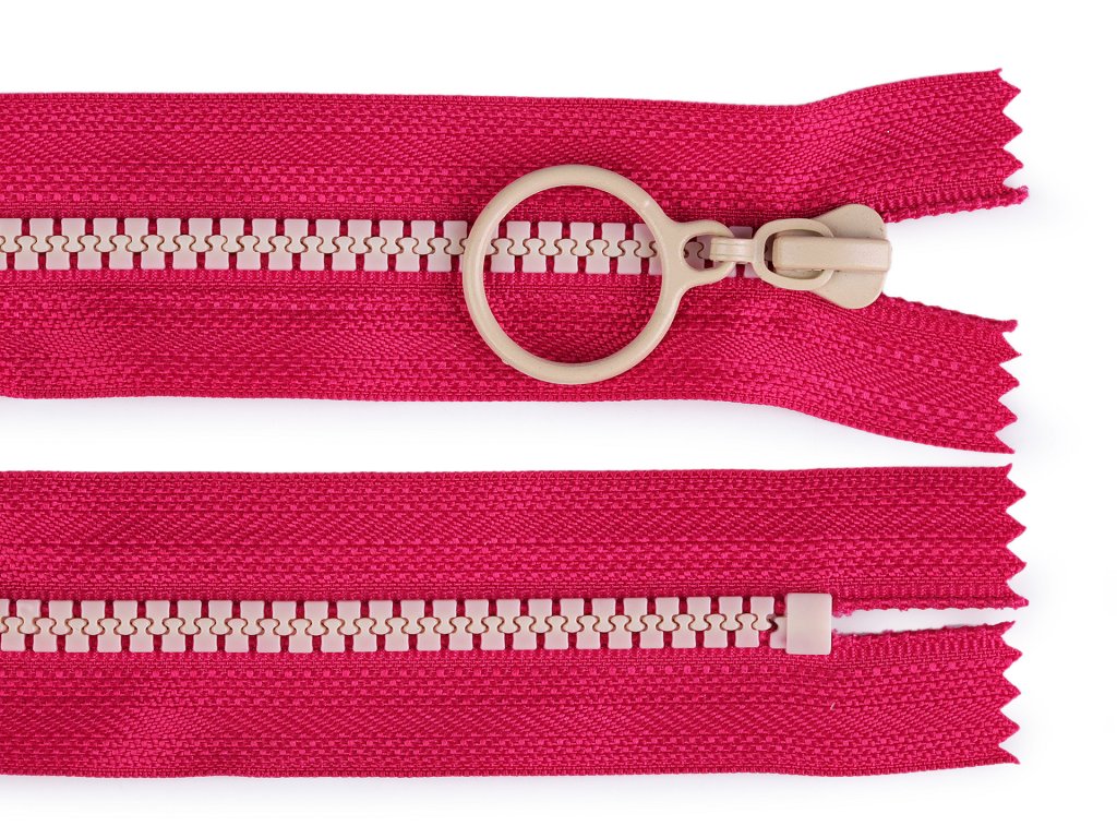 Kostěný zip barevný No 5 délka 15 cm s ozdobným jezdcem - tmavě růžová/béžová světlá