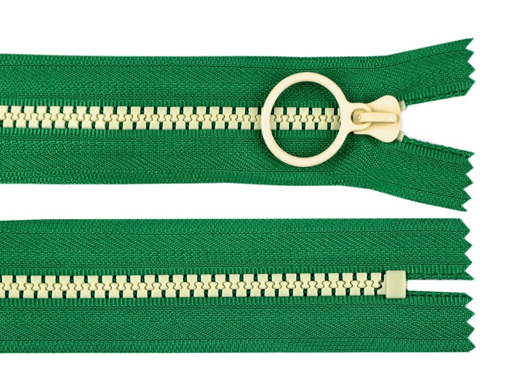 Kostěný zip barevný No 5 délka 15 cm s ozdobným jezdcem - zelená/světle béžová