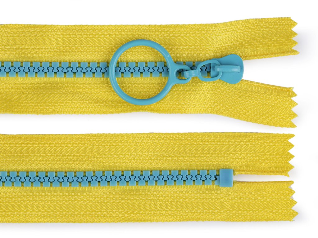 Kostěný zip barevný No 5 délka 15 cm s ozdobným jezdcem - žlutá/modrá