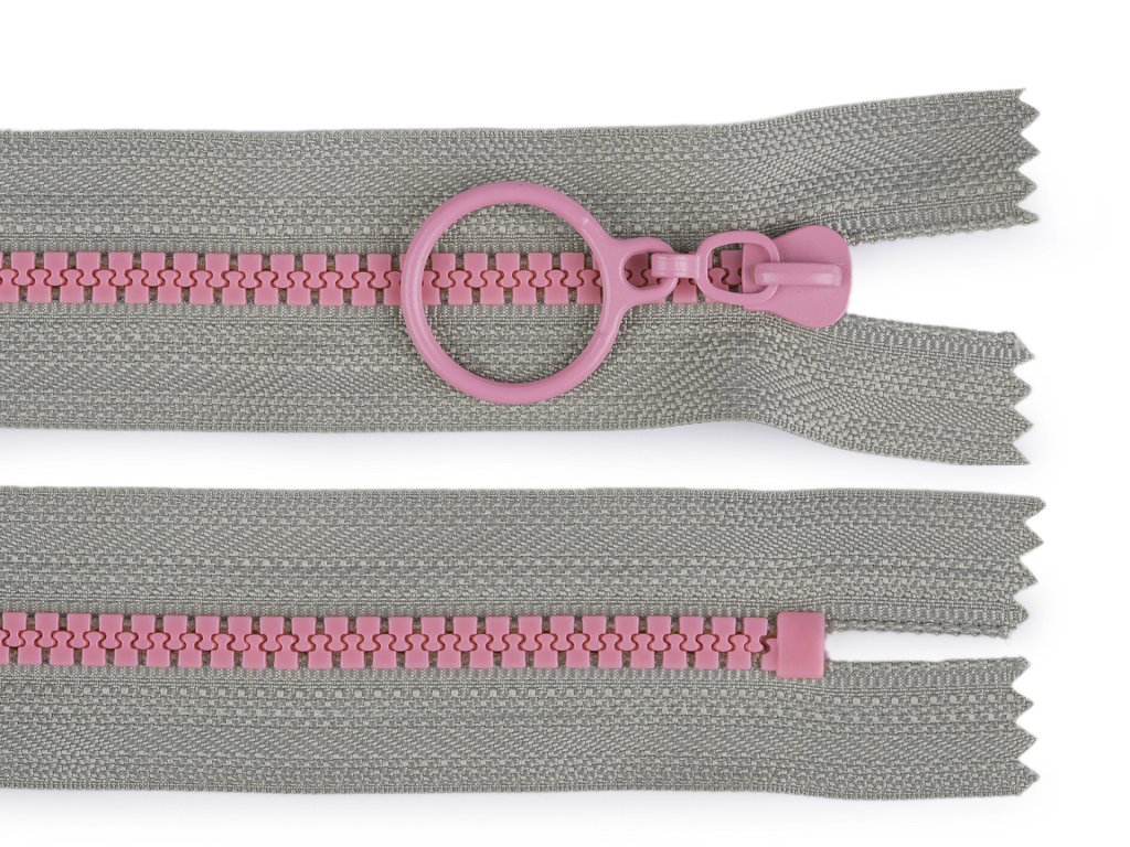 Kostěný zip barevný No 5 délka 20 cm s ozdobným jezdcem - šedá/růžová