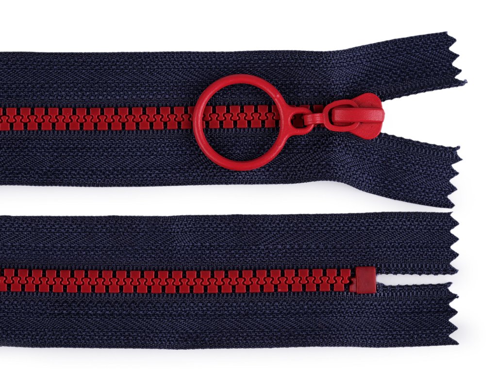 Kostěný zip barevný No 5 délka 20 cm s ozdobným jezdcem - tmavě modrá/červená