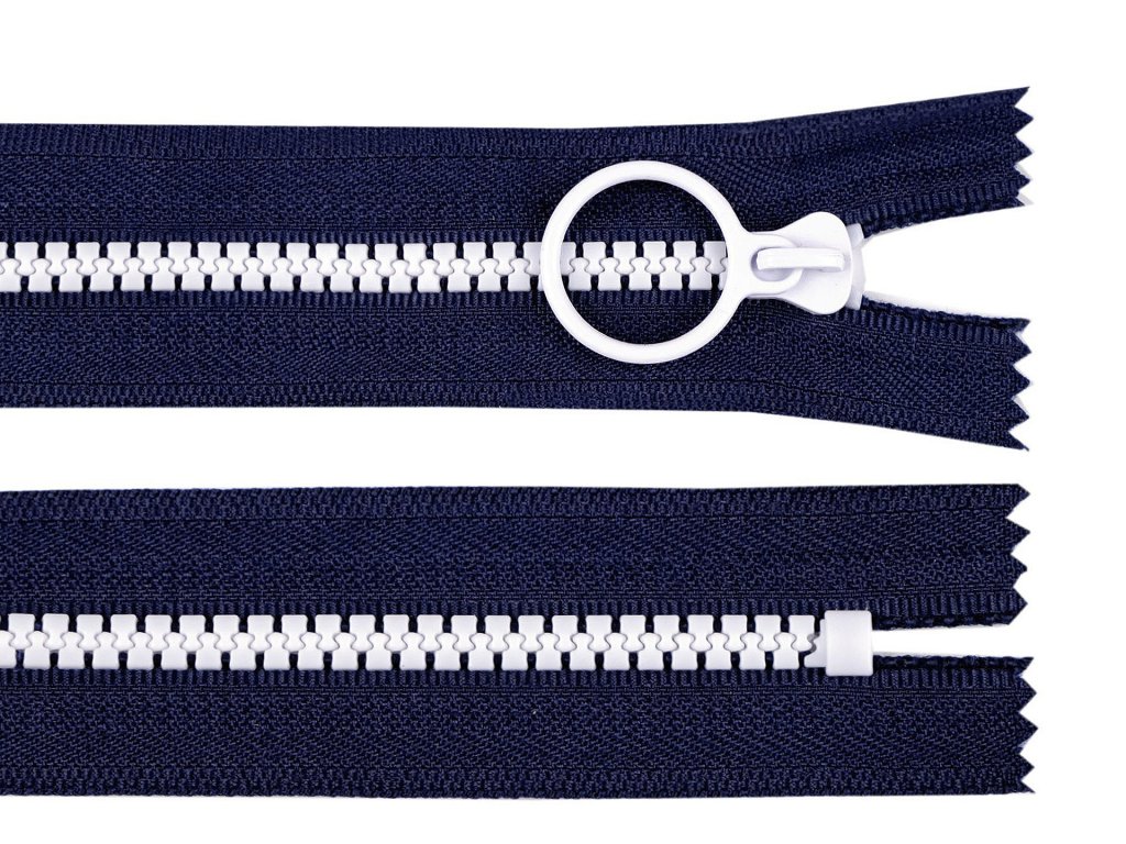 Kostěný zip barevný No 5 délka 15 cm s ozdobným jezdcem - tmavě modrá/bílá