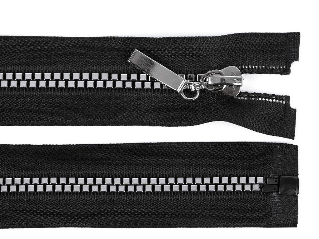 Kostěný zip šíře 5 mm, délka 40 cm, čtvercové zuby - černá/stříbrná