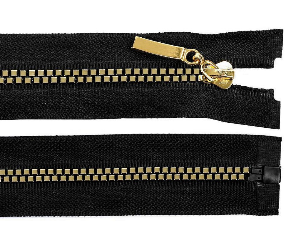 Kostěný zip šíře 5 mm, délka 40 cm, čtvercové zuby - černá/zlatá