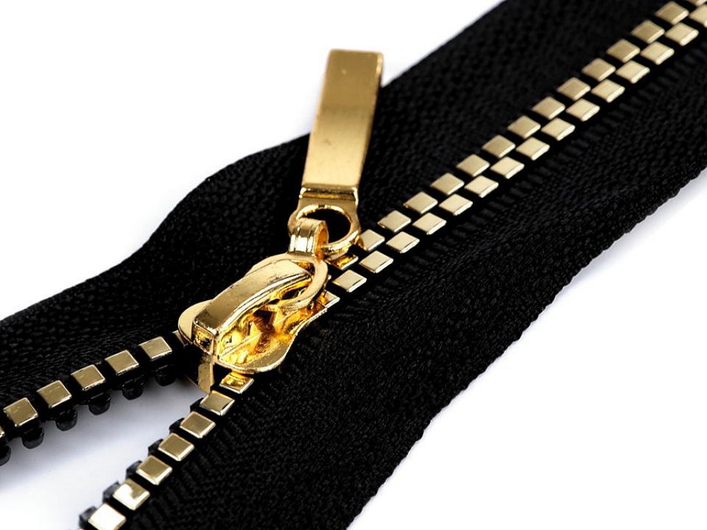 Kostěný zip šíře 5 mm, délka 40 cm, čtvercové zuby - černá/zlatá