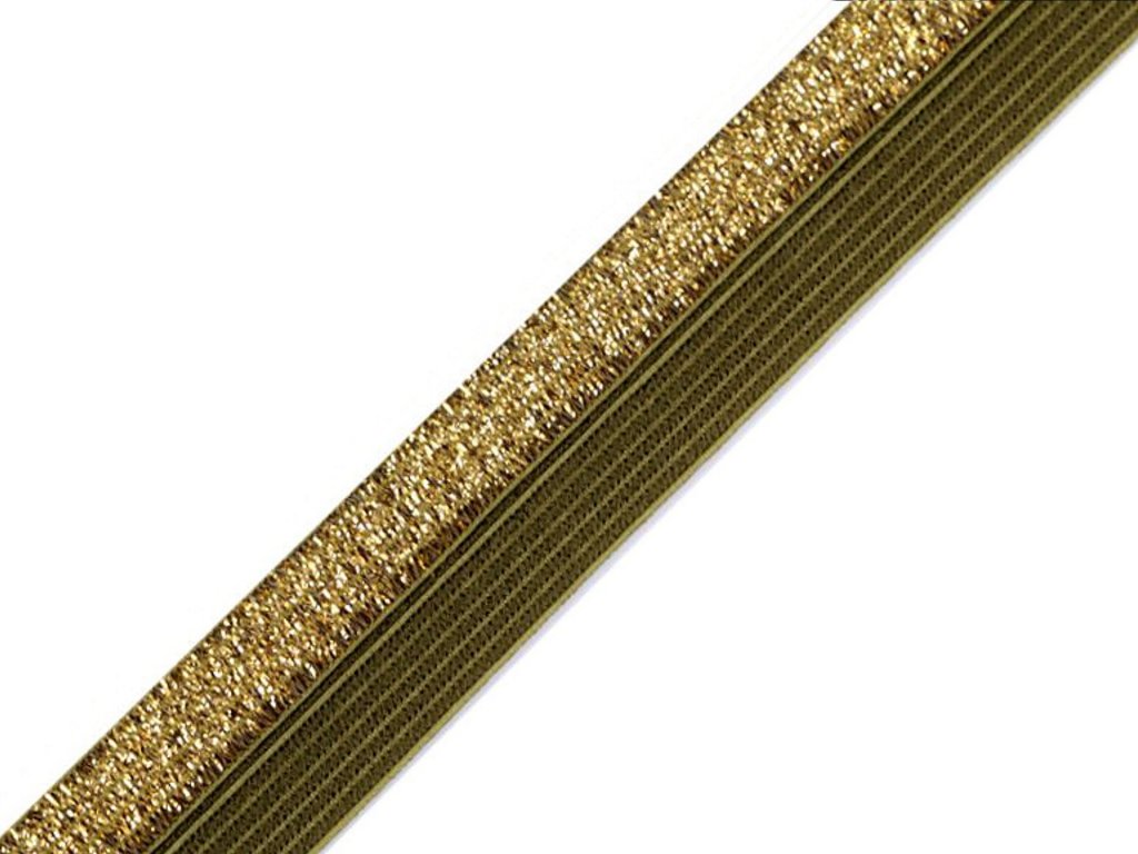 Lemovací pruženka půlená / lampas šíře 17 mm s lurexem - khaki/zlatá