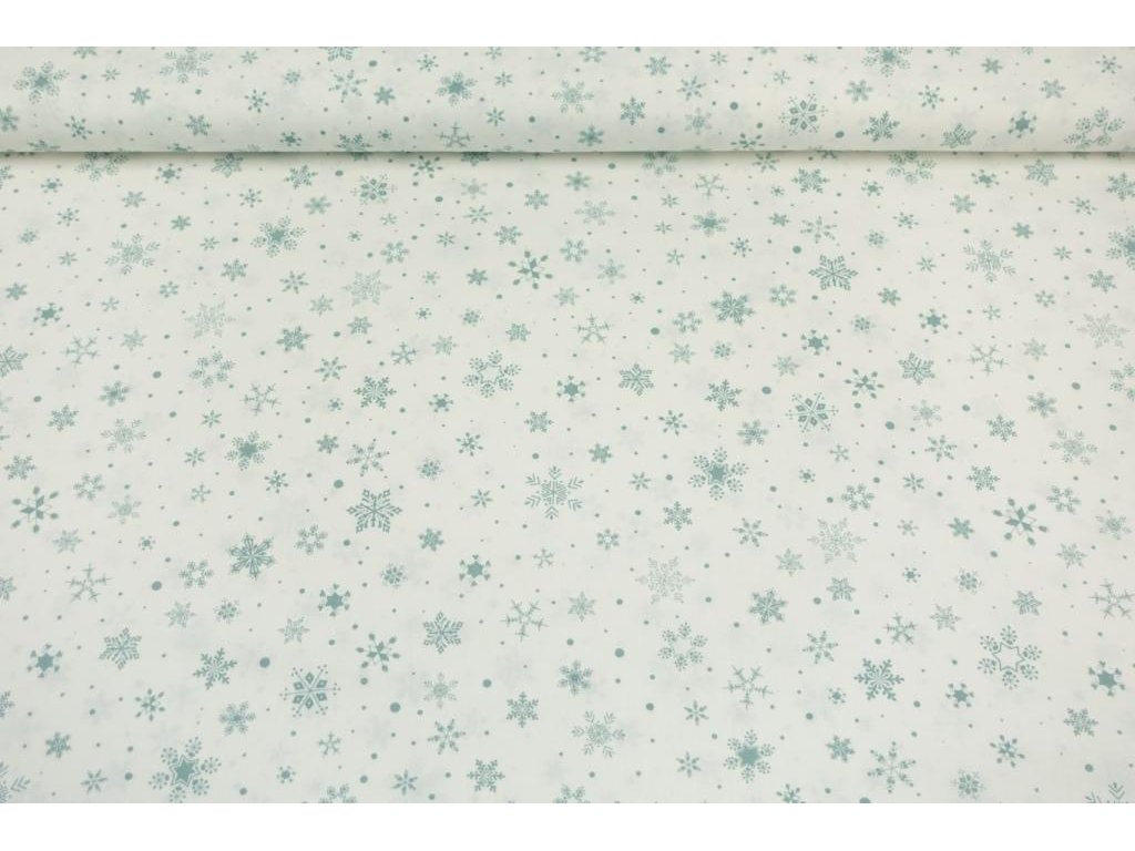 Vánoční bavlněná látka / plátno - Mix vloček s tečkou dusty mint na bílé