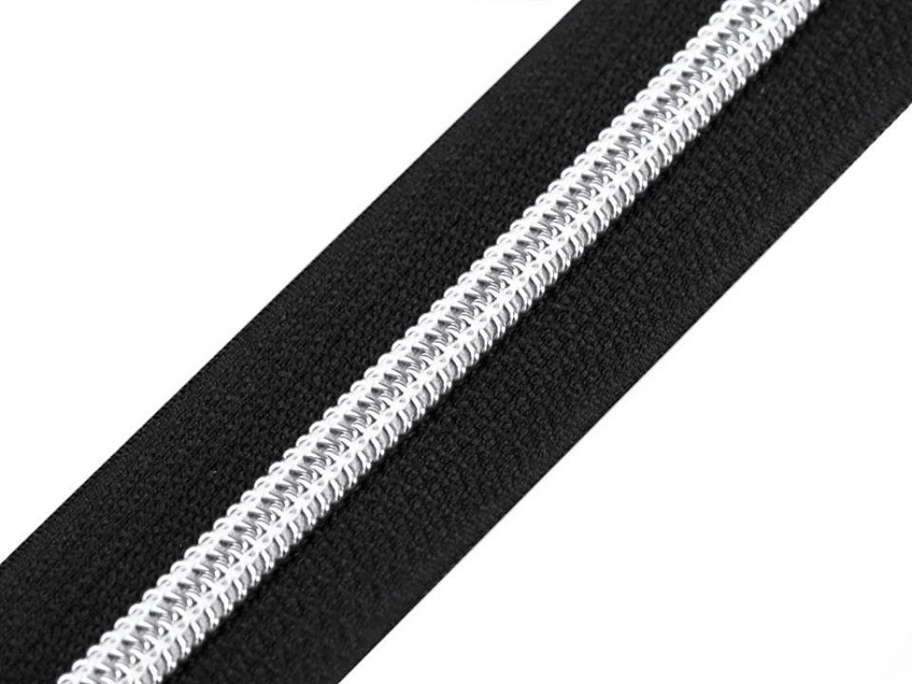 Nekonečný zip spirálový 5 mm s metalickými zoubky metráž - černý/stříbrný - 0,8 m
