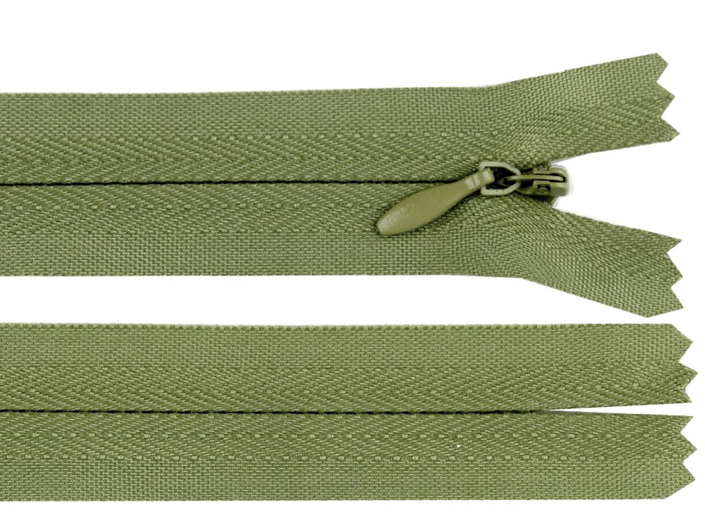 Skrytý spirálový zip šíře 3 mm, délka 45 cm - khaki