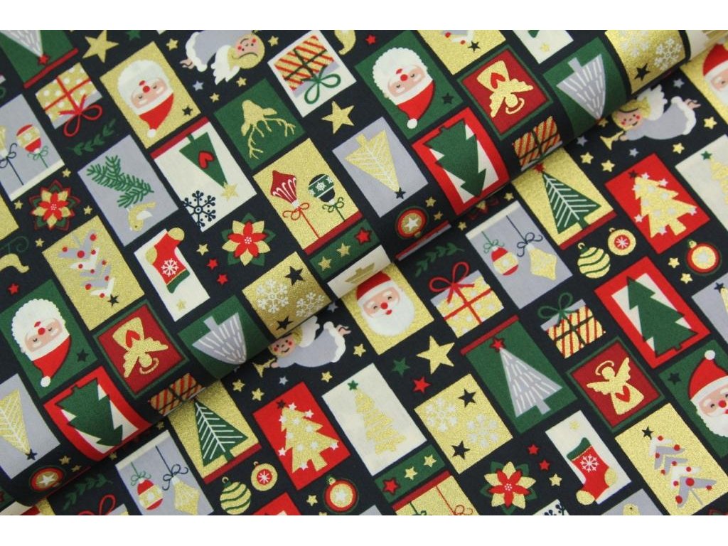 Vánoční bavlněná látka / popelín - Vánoční patchwork zlatotisk na modré - 0,42 m