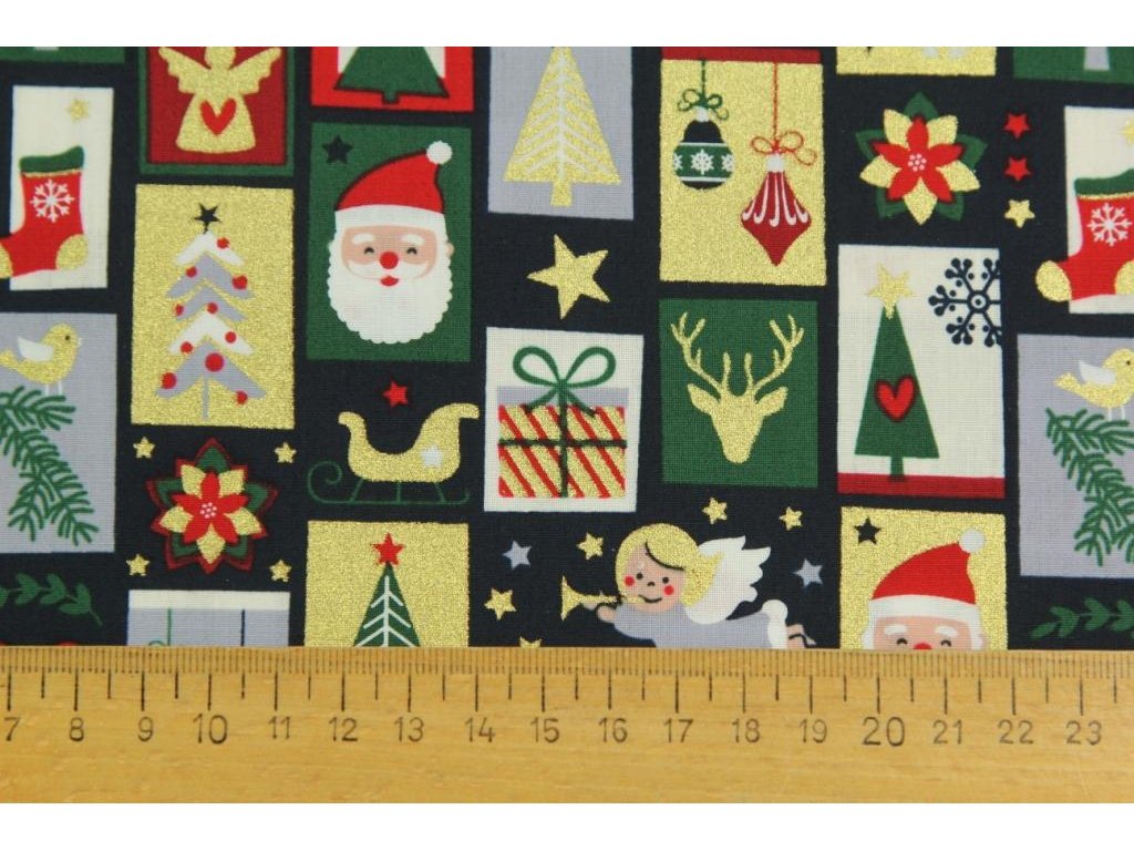 Vánoční bavlněná látka / popelín - Vánoční patchwork zlatotisk na modré - 0,42 m