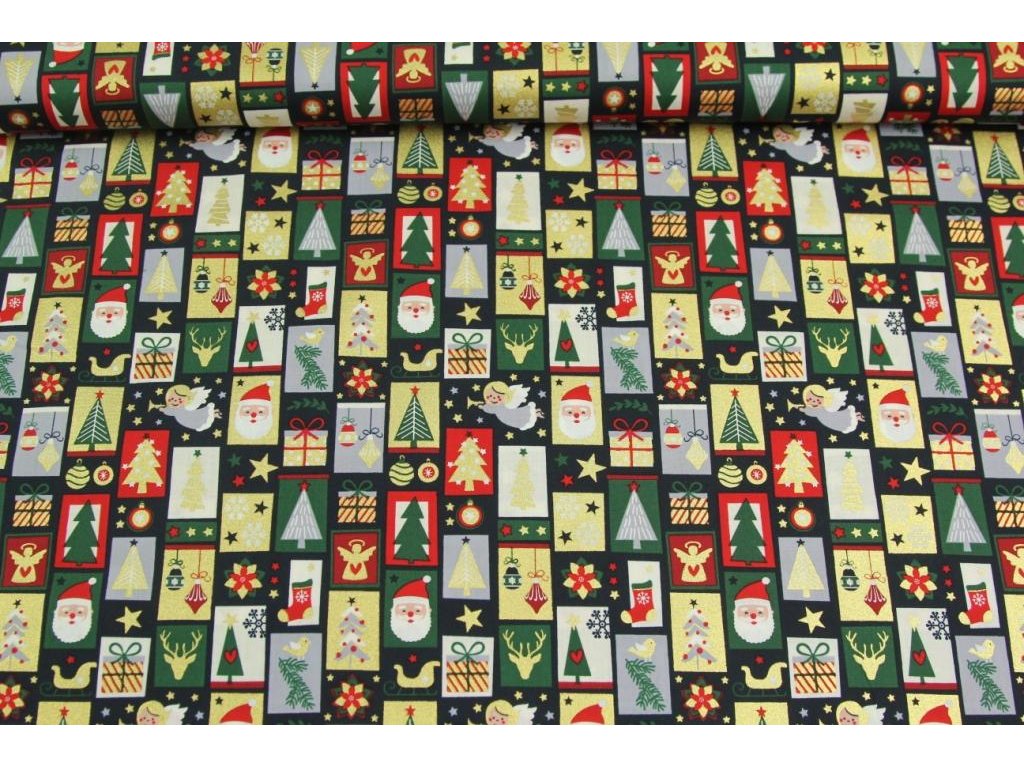 Vánoční bavlněná látka / popelín - Vánoční patchwork zlatotisk na modré - 0,42 m