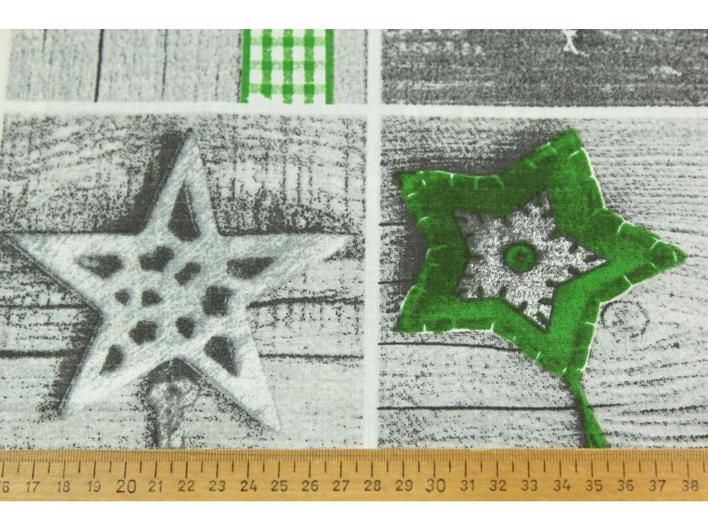 Vánoční bavlněná látka / plátno - Vánoční ozdoby - patchwork zelená na prknech
