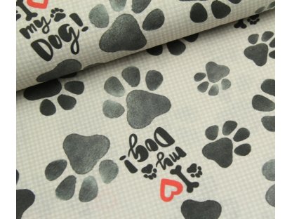 Dekorační látka - "I love my dog" tlapky