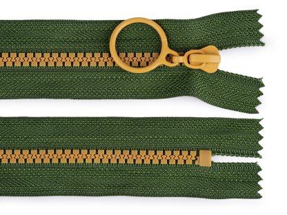 Kostěný zip barevný No 5 délka 15 cm s ozdobným jezdcem - khaki/okrová