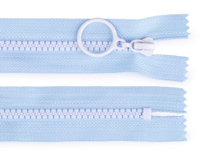 Kostěný zip barevný No 5 délka 15 cm s ozdobným jezdcem - světle modrá/bílá
