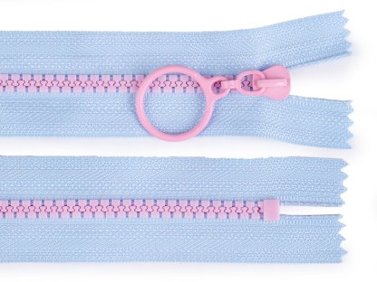 Kostěný zip barevný No 5 délka 15 cm s ozdobným jezdcem - světle modrá/růžová