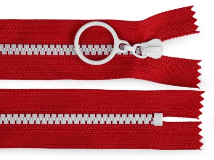 Kostěný zip barevný No 5 délka 15 cm s ozdobným jezdcem - tmavě červená/bílá