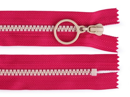 Kostěný zip barevný No 5 délka 15 cm s ozdobným jezdcem - tmavě růžová/béžová světlá