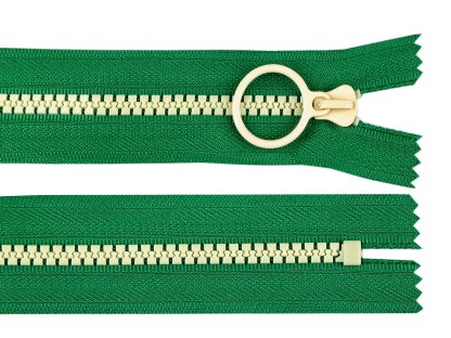 Kostěný zip barevný No 5 délka 15 cm s ozdobným jezdcem - zelená/světle béžová