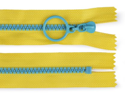 Kostěný zip barevný No 5 délka 15 cm s ozdobným jezdcem - žlutá/modrá