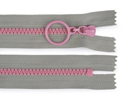 Kostěný zip barevný No 5 délka 20 cm s ozdobným jezdcem - šedá/růžová