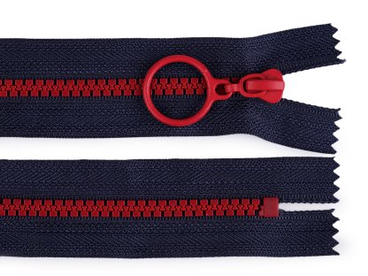 Kostěný zip barevný No 5 délka 20 cm s ozdobným jezdcem - tmavě modrá/červená