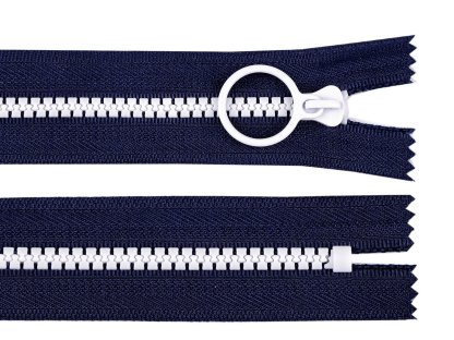 Kostěný zip barevný No 5 délka 15 cm s ozdobným jezdcem - tmavě modrá/bílá