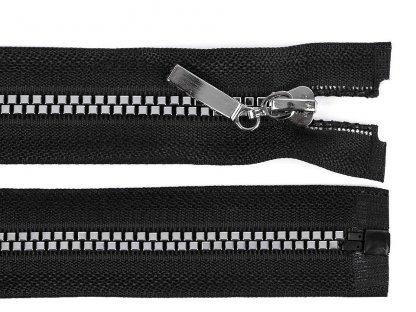 Kostěný zip šíře 5 mm, délka 40 cm, čtvercové zuby - černá/stříbrná