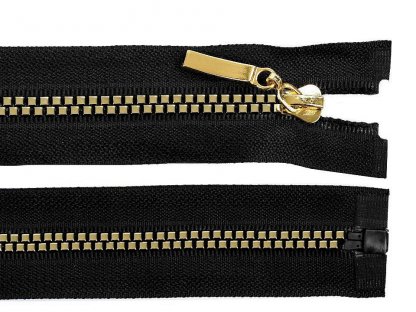 Kostěný zip šíře 5 mm, délka 40 cm, čtvercové zuby - černá/zlatá