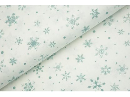 Vánoční bavlněná látka / plátno - Mix vloček s tečkou dusty mint na bílé
