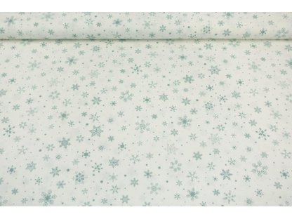 Vánoční bavlněná látka / plátno - Mix vloček s tečkou dusty mint na bílé