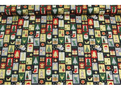 Vánoční bavlněná látka / popelín - Vánoční patchwork zlatotisk na modré - 0,42 m