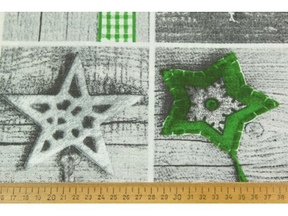 Vánoční bavlněná látka / plátno - Vánoční ozdoby - patchwork zelená na prknech
