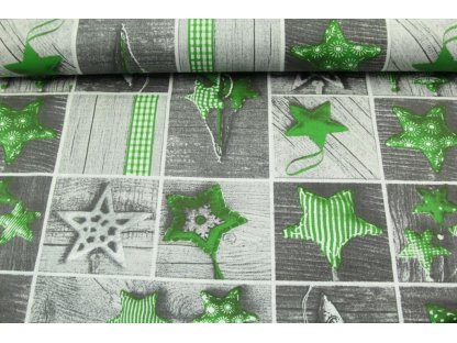 Vánoční bavlněná látka / plátno - Vánoční ozdoby - patchwork zelená na prknech