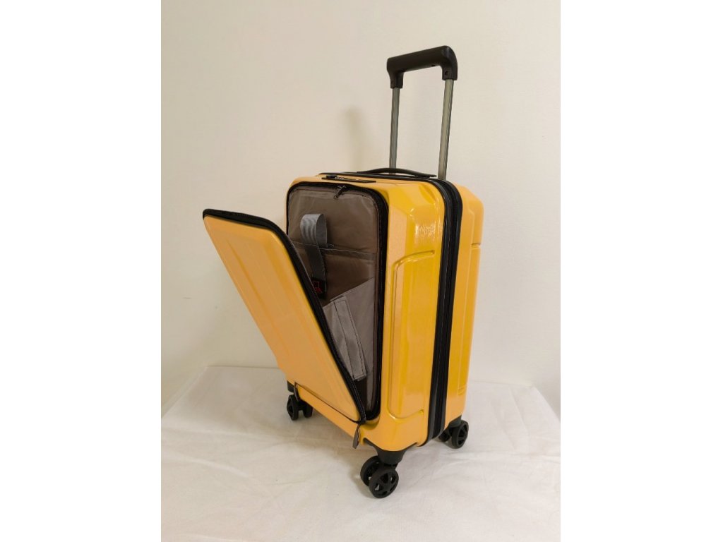 Cestovní palubní kufr s předním plněním a integrovaným USB portem, žlutý