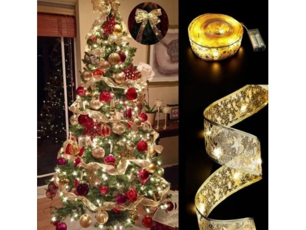 Svítící vánoční stuha zlatá 100 LED Teplá bílá