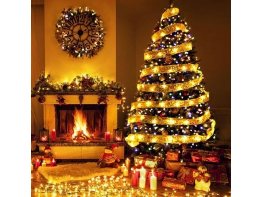 Svítící vánoční stuha zlatá 100 LED Teplá bílá