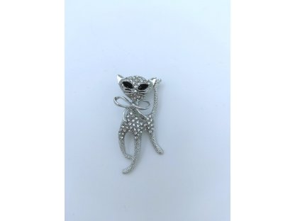 Brož Elegantní kočka s mašlí stříbrná
