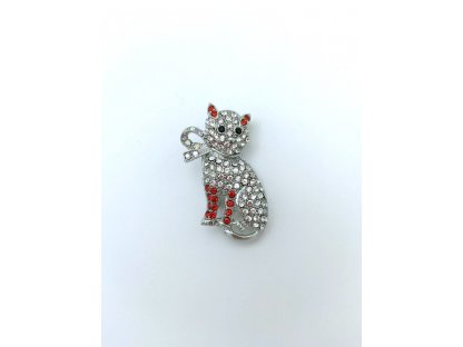 Brož Sedící kočka s kamínky červená
