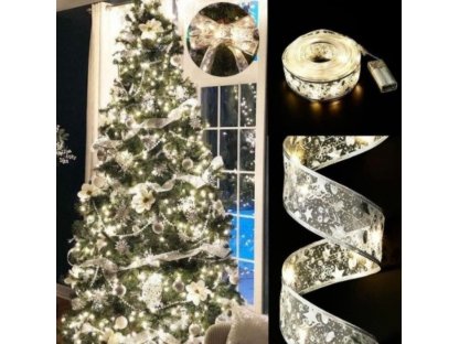 Svítící vánoční stuha stříbrná 100 LED studená bílá