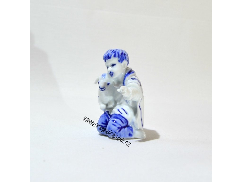 Cibulák Chlapec s ovečkou 7,2 cm originální cibulákový porcelán Dubí, cibulový vzor,