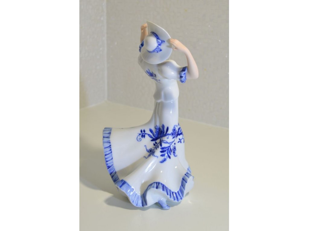 Blue Onion Pattern Lady with Hat Dux 23 cm Czech porcelain Dubí