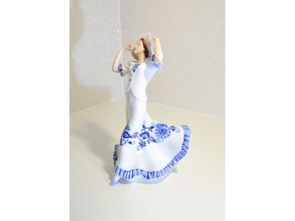 Blue Onion Pattern Lady with Hat Dux 23 cm Czech porcelain Dubí