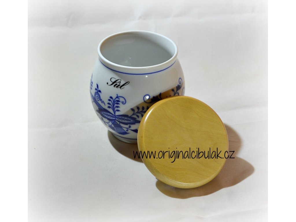Cibulák dóza Baňák s dřevěným uzávěrem bez nápisu 10,5 cm originální cibulákový porcelán Dubí, cibulový vzor,