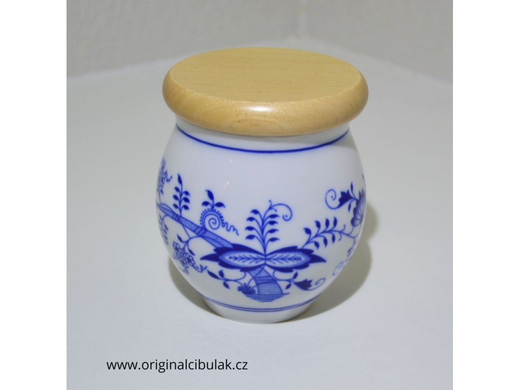 Cibulák dóza Baňák s dreveným uzáverom bez nápisu cibuľový porcelán, originálny cibulák Dubí 2. akosť