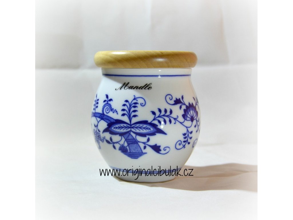Cibulák dóza Baňák s dřevěným uzávěrem Bobkový list 10 cm originální porcelán Dubí