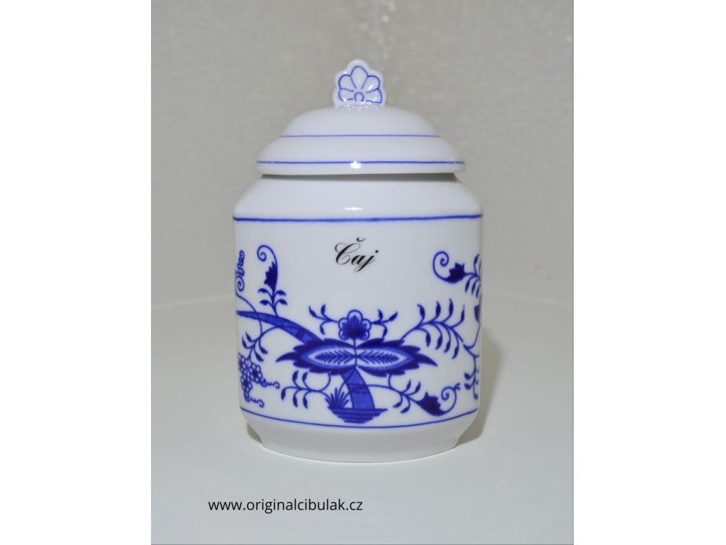 Cibulák dóza na poživatiny s víčkem a nápisem Mouka hladká český porcelán Dubí